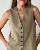 Getadme Summer 2 Pieces Sets Women Fashion Linen-Blend Slim-Fit Sleeveless Suit Vest + High Waists Shorts Causal Sets