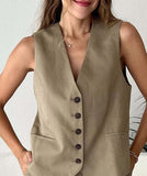Getadme Summer 2 Pieces Sets Women Fashion Linen-Blend Slim-Fit Sleeveless Suit Vest + High Waists Shorts Causal Sets