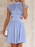 Short Green Dress For Woman Summer A Line Mini Bareback Dresses Females Pleated Solid Sleeveless Sweet Dress Women