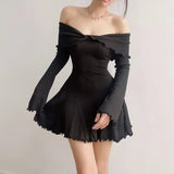 Getadme Autumn Strapless Sexy Black A-LINE Dress Women Off Shoulder Long Sleeves Streetwear Knitting Mini Dresses Elegant Club Partywear