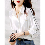Getadme-Fashion Lapel Button Spliced Pockets All-match Shirt Women Clothing Autumn New Loose Casual Tops Office Lady Blouse