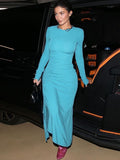 Mozision Autumn New High Split Maxi Dress Women 2023 New O Neck Long Sleeve Ruched Drawstring Bodycon Sexy Long Dresses