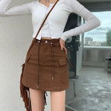 Getadme-Green Short Cargo Skirt Women Drawstring High Waist Mini Skirts Female Y2K Streetwear Big Pocket A-Line Skirts De Mujer