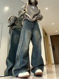 Getadme Y2K Vintage High Waist Streetwear Style Blue Jeans Pants Korean Fashion Women's Wide Leg Striped Denim Trouser Female Clothes