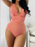 Getadme Striped One Piece Swimsuit Vintage Swimwear Women V-neck Bathing Swimming Suit Female Summer Beachwear Bodysuit
