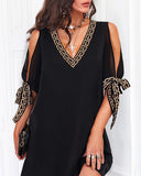 Women Print Dress Bow Hollow Sleeve Mini Dress Summer Deep V Neck Office Ladies Dress