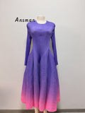 Getadme-Maxi Pleated Gradient Fashion Women's Long Dress Loose Round Neck Long Sleeve Long Casual Party Vestido Summer New