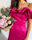 Ivory Off Shoulder Sheath Cocktail Dresses Ruffles Satin Mini Evening Dress Above Knee Formal Party Gowns
