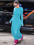 Mozision Autumn New High Split Maxi Dress Women 2023 New O Neck Long Sleeve Ruched Drawstring Bodycon Sexy Long Dresses