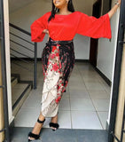 Getadme-African Printed Two Piece Sets Skirt Womens O-neck Loose Flare Sleeve  Lace-up Skirt 2 Piece Suit Womens