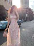 Getadme Elegant Floral Spaghetti Strap Midi Dresses for Women Summer French Evening Party Sexy Slim Bodycon Vintage Female Clothing