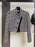 Luxury Brand Houndstooth Vintage Tweed Jacket Coat New Autumn Winter Fashion High Street Small Fragrance Woolen Short Outerwear