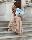 New Summer Long Skirt Layered Ruffles Design Elegant Maxi Dress Office Women Commuting Party Attire