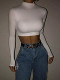 T-shirt à col roulé uni Getadme-Basic pour femme, extensible, idéal pour l'automne et les activités urbaines. Haut court polyvalent.