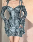 Summer Trend Retro Sexy Backless Woman Tie Dye French Mini Dresses Holiday Wood Ears Lace Long Sleeve Suspenders Up Short Dress