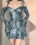 Summer Trend Retro Sexy Backless Woman Tie Dye French Mini Dresses Holiday Wood Ears Lace Long Sleeve Suspenders Up Short Dress