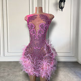 Getadme Stunning Sparkly Luxury Diamond Women Birthday Party Cocktail Gowns Sexy Sheer Pink Feather Mini Short Prom Dresses