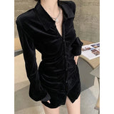 빈티지 셔츠 여성 블랙 벨벳 플리츠 블라우스 한국식 우아한 폴드 턴다운 칼라 긴팔 슬림 시크 캐주얼 탑