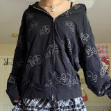 Getadme- 90s Vintage Skulls Print Black Sweatshirt Zipper Long Sleeve Autumn Hoodies Fairycore Grunge Jackets Retro Harajuku Winter Coat
