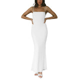 Women Sling Long Dress, Sleeveless Off Shoulder Solid Color Ruffle Party Club Summer Spring Dress