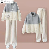 벨벳과 두꺼운 양털 소재의 여성 가을 ​​겨울 신상품 한국 캐주얼 와이드 레그 팬츠 패션 투피스 세트