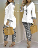 Spring And Autumn New Women's Suit Fashion Sexy V-neck Printing Thin Long-Sleeved Trousers Casual Women's Suit Two-Piece Set