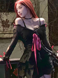 Getadme-Black Vintage Gothic Two Piece Set Women Designer Party Mini Dress Set Female Casual Korean Fashion Dress Suit Autumn