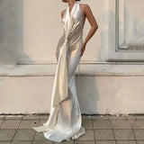 LIYONG Women Maxi Dress Fashion Elegant Solid V Neck Sleeveless Nipped Waist Pleated Evening Party Dresses High Streetwear