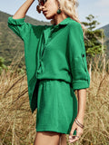 Getadme-Summer Casual Button Green Cotton Two Pieces Sets Women Long Sleeve Rose Red Women's Sets White Shirt Shorts Set Outfits
