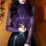 Spring Summer Women's Sexy See Through Mesh Blouse Long Sleeve Transparent Shining Elegant Shirt Fashion Women Tops Blusa