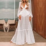 Sexy V-Neck Backless Hollow Out Dress Summer Women Lantern Sleeve Club Party Long Maxi Dresses Tunic Beach Cover Up