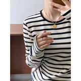 Getadme-spring new striped long-sleeved t-shirt women's slim fit and thin waffle bottoming shirt top