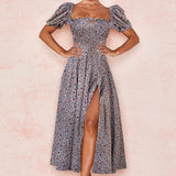 Getadme-Summer Grace Sweet Vestidos Women's French Bubble Sleeve Printing Floral Dress Short Sleeve Side Split Irregular Dresses