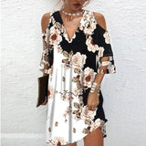 Getadme-Dress Women Elegant V Neck Summer Off Shoulder Lace Mesh Patchwork Mini Dress Female Loose Print Beach Short Dress