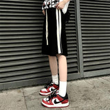 MEXZT Striped Joggers Shorts Women Streetwear Wide Leg Sports Shorts Bf Hip Hop Baggy Casual Drawstring Straight Short Pants