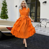 Miyake Pleated Women's Ruffled Lace Dress Solid Luxury Female Short Sleeve With Long Socks Vintage 2023 Summer New Fashion Dress