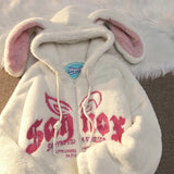 Sweat à capuche en coton pour femme, avec oreilles de lapin mignonnes et amusantes, en velours d'agneau. Vêtements tendance, coupe ample, fermeture éclair, manteau chaud, streetwear.