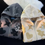 Getadme Women Retro Embroidery Hoodies Autumn Winter Zip Up Long Sleeve Loose Jacket Coats Y2k Harajuku Casual Pocket Hooded Sweatshirts