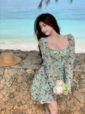 Getadme-Floral Dress Holiday Sweet Chiffon Sexy Long Sleeve Dress Square Collar Women's Summer Sundress Robe Boheme Femme Clothes