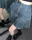 Getadme Y2k Aesthetic A-line Patchwork Pleated Skirt High Waist Slim Vintage Denim Skirts Harajuku Streetwear Fashion Faldas