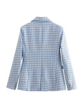 TRAF Women Fashion Houndstooth Double Breasted Tweed Blazer Coat Vintage Long Sleeve Flap Pocket Female Outerwear Chic Veste
