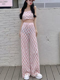 Getadme-New Summer Fashion Casual Plaid 2 Piece Set Women Strapless Crop Top + Wide Leg Pants Suits Female Sexy Outfits For Woman