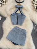 Getadme Women Halter Backless Sexy Denim Top Hig Waist Shorts New Two Piece Set Temperament Fashion Spring Summer