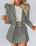 Getadme-Autumn Women's Skirt Suits Fashion Plaid Print Puff Sleeve Buttoned Blazer Coat and Short Skirt Office Lady Set