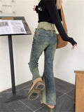 Raw Edge Stitching Micro Flare Jeans Women's Spring Summer American Street Casual Fashion Contrast Color Denim Trousers Female