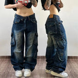Getadme Street Vintage Jeans New Y2K Harajuku Wash blue Multiple pockets Baggy Jeans Denim Pants Mens Womens High Waist  Wide Trousers