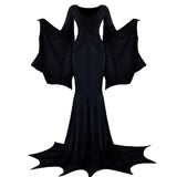 Witchy Costume Morticia Addams Wednesday Train Floor Dress Women Halloween Witch Dark Outfit Gothic Gown Robe Horror For Adult