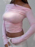 T-shirts froncés à épaules dénudées pour femmes, chemises décontractées unies à manches longues, hauts courts, streetwear, vêtements de club, pulls plissés sexy