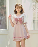 Getadme Rojita Japanese Sailor Collar Long Sleeve Dress for Women Spring Summer Sweet Lolita Bow Dress Shorts Suit Women's Two-Piece Set
