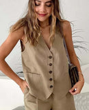 Getadme Summer 2 Pieces Sets Women Fashion Linen-Blend Slim-Fit Sleeveless Suit Vest + High Waists Shorts Causal Sets